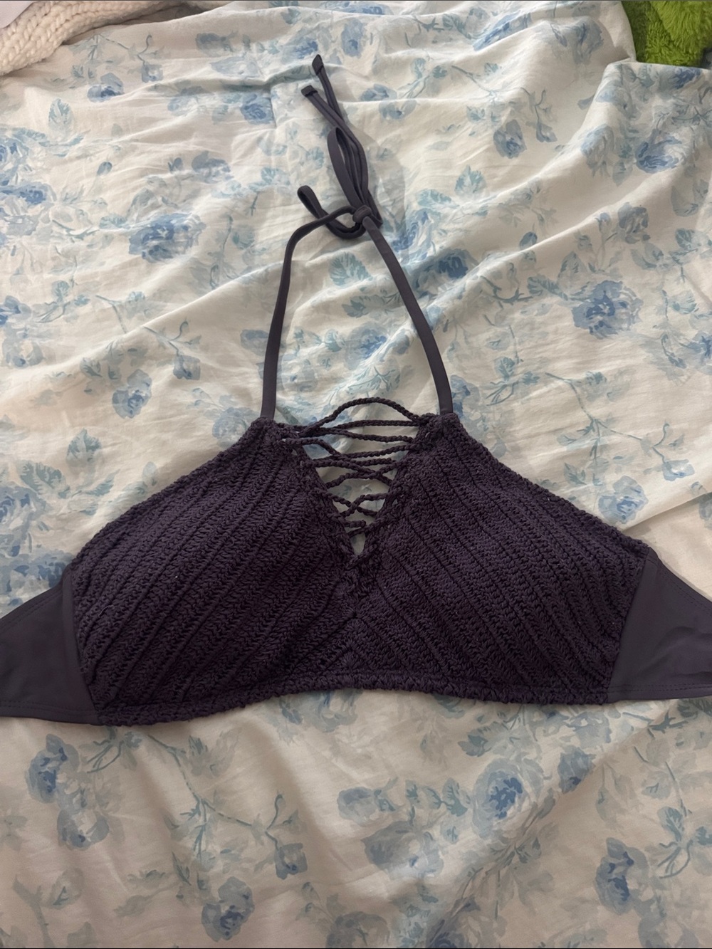 Crochet Halter Bikini Top in Deep Charcoal